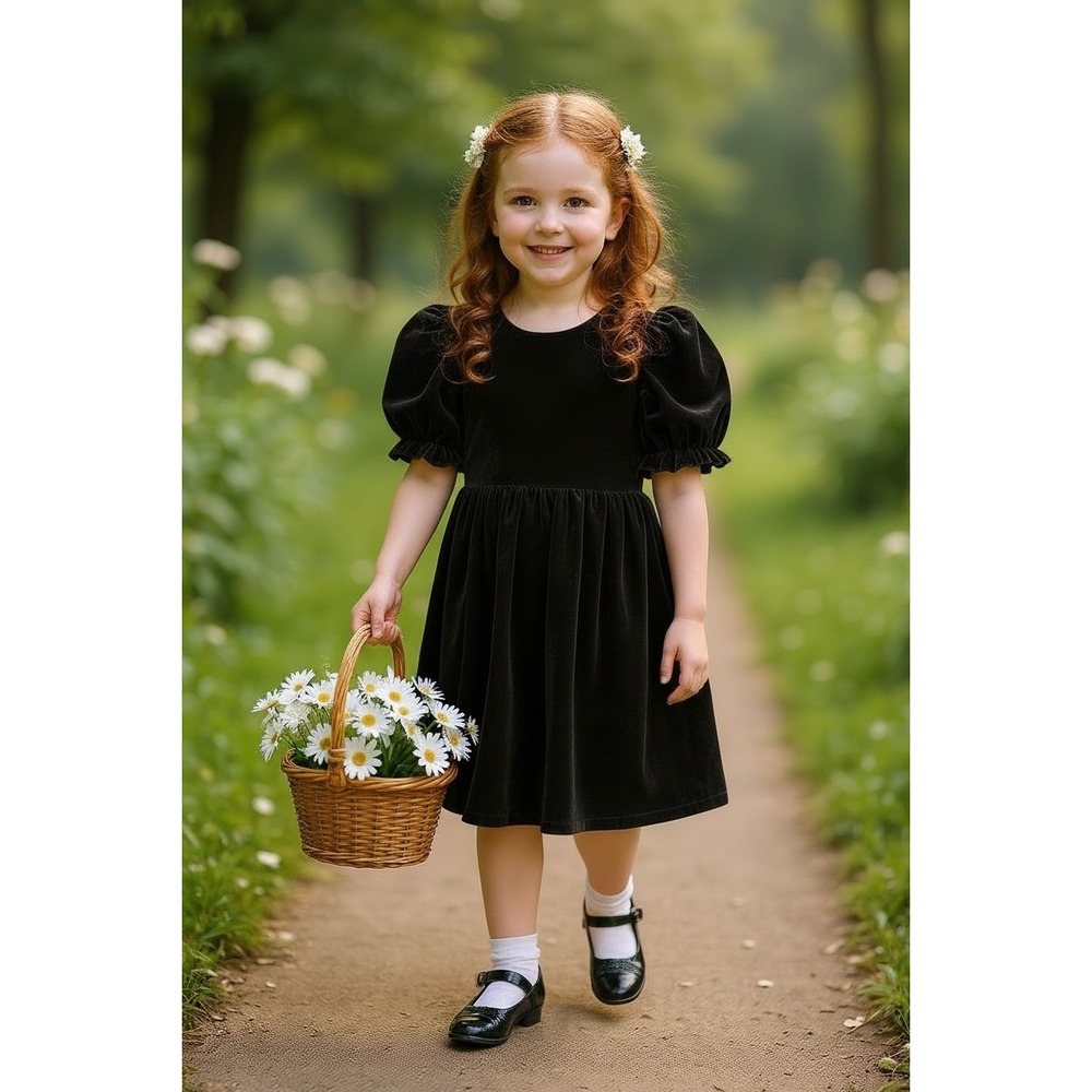 Tullabee Girls Black Velvet Puff Sleeve Dress Holiday Formal 5T Garden Party